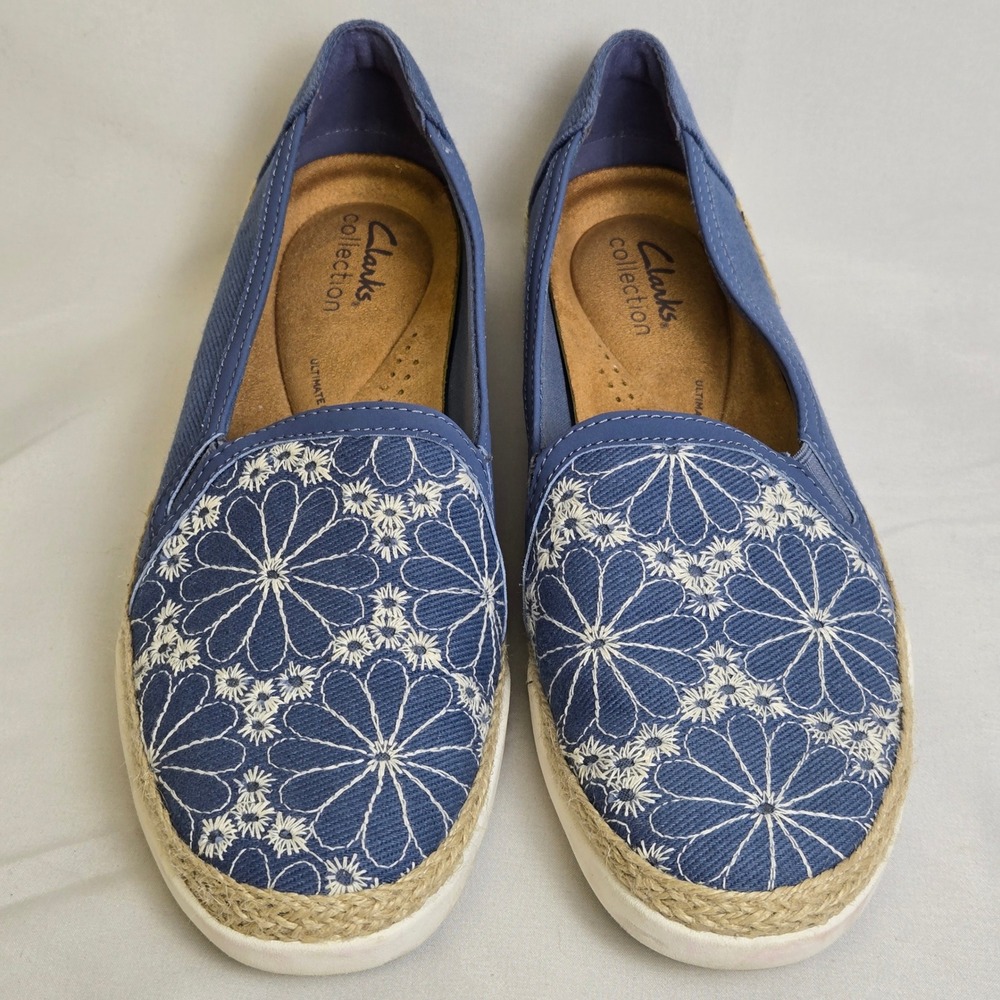 Clarks Collection Elaina Harbor Embroidered Jute Trim Flats Espadrilles Blue 8